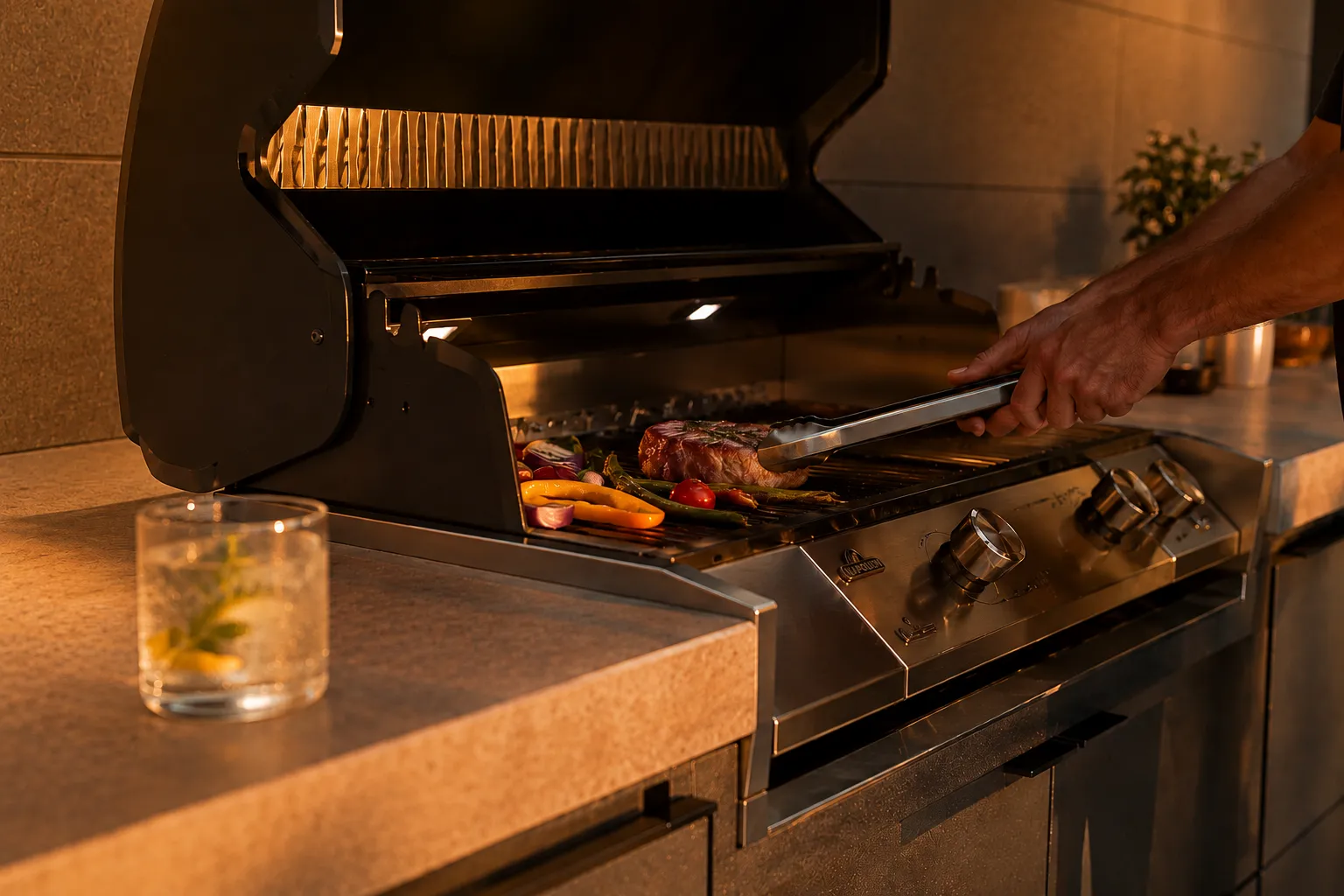 Barbecue à gaz en inox intégré au plan de travail d'une cuisine extérieure sous abri