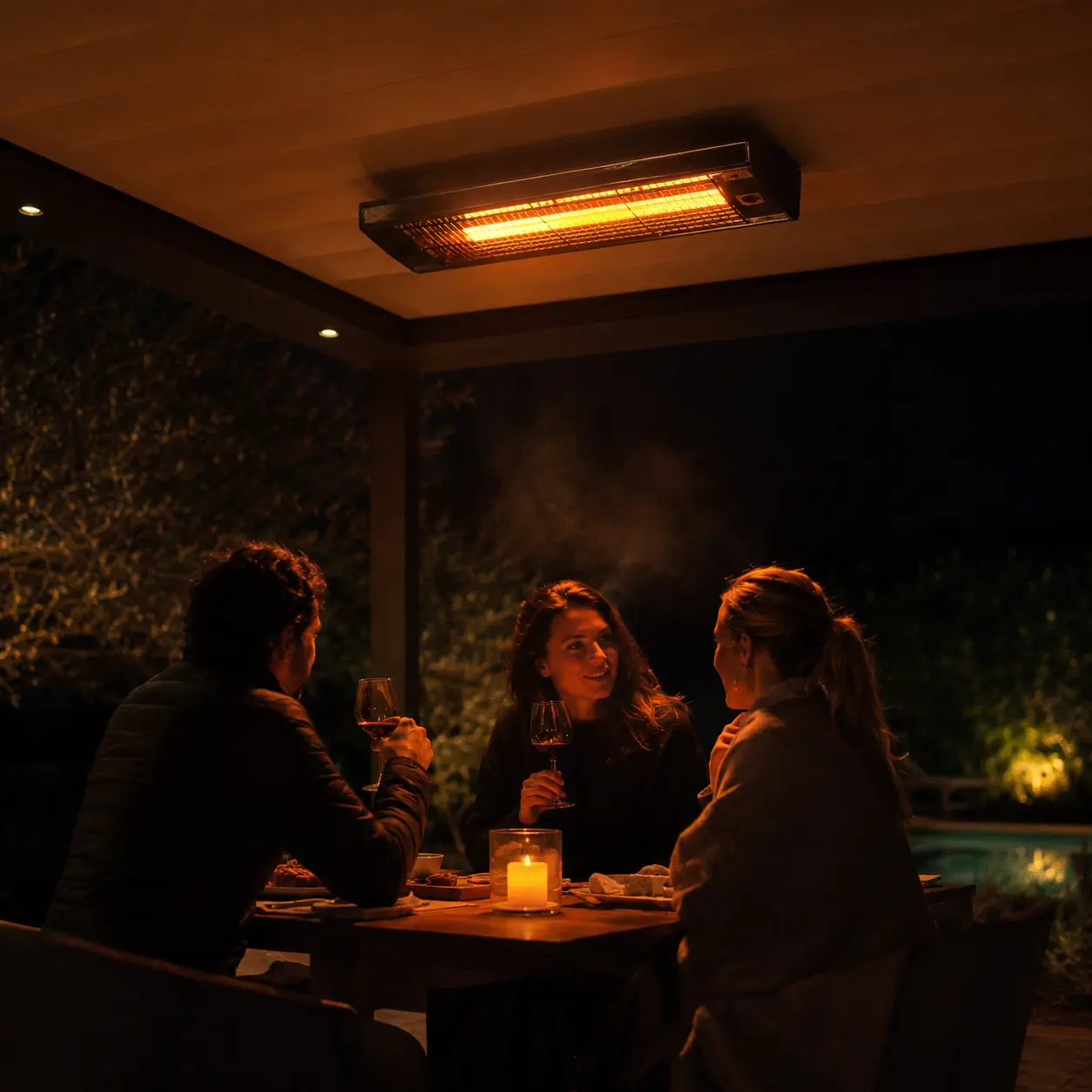 Chauffage radiant infrarouge en sous-face d'un abri de terrasse lors d'un dîner en soirée