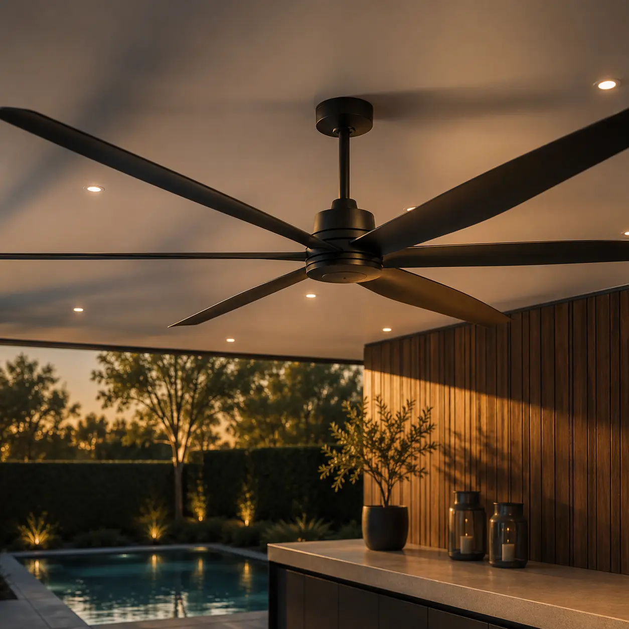 Ventilateur de plafond à grandes pales installé sous la toiture d'un abri de terrasse