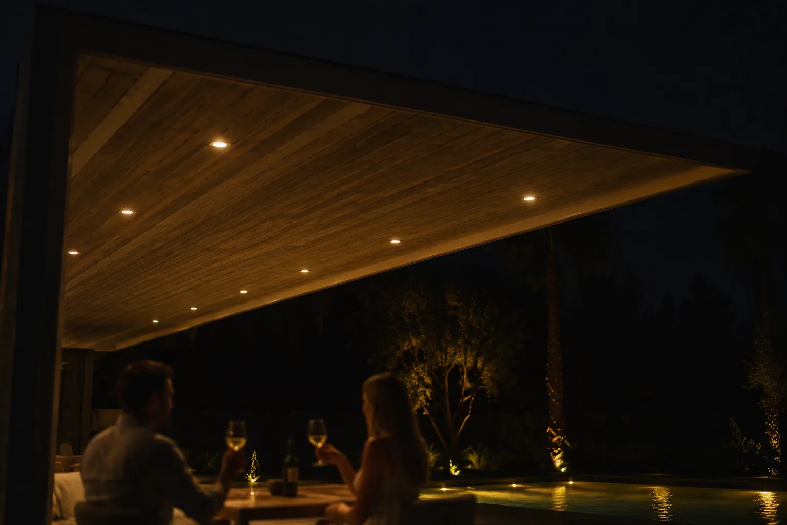 Éclairage LED de sous-face d'un abri de terrasse SunCabana allumé à la nuit tombée